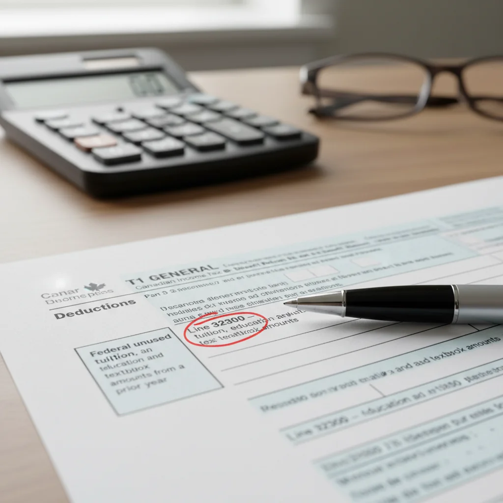 Canadian T1 tax form with pen, focusing on education expenses, for tax credit claims.