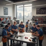 Canadian students learning skilled trades in a modern workshop, focused on their future careers.