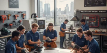 Canadian students learning skilled trades in a modern workshop, focused on their future careers.