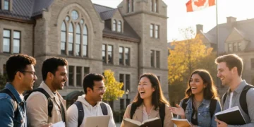 Students on a Canadian university campus, diverse group smiling.