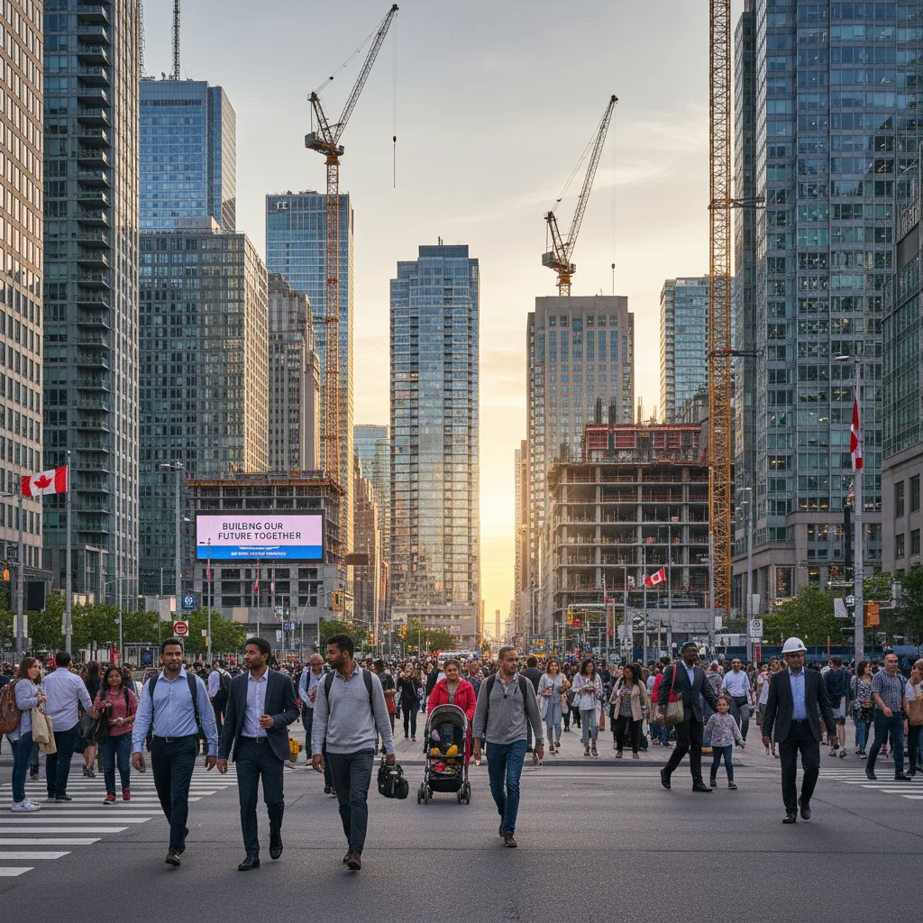 Busy Canadian city street with diverse people and construction, symbolizing growth.