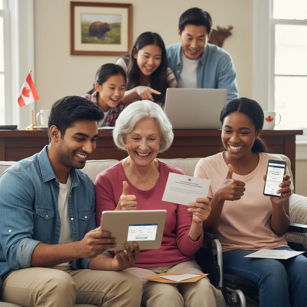 Diverse Canadians checking their bank accounts, signifying receipt of carbon tax rebate payments.