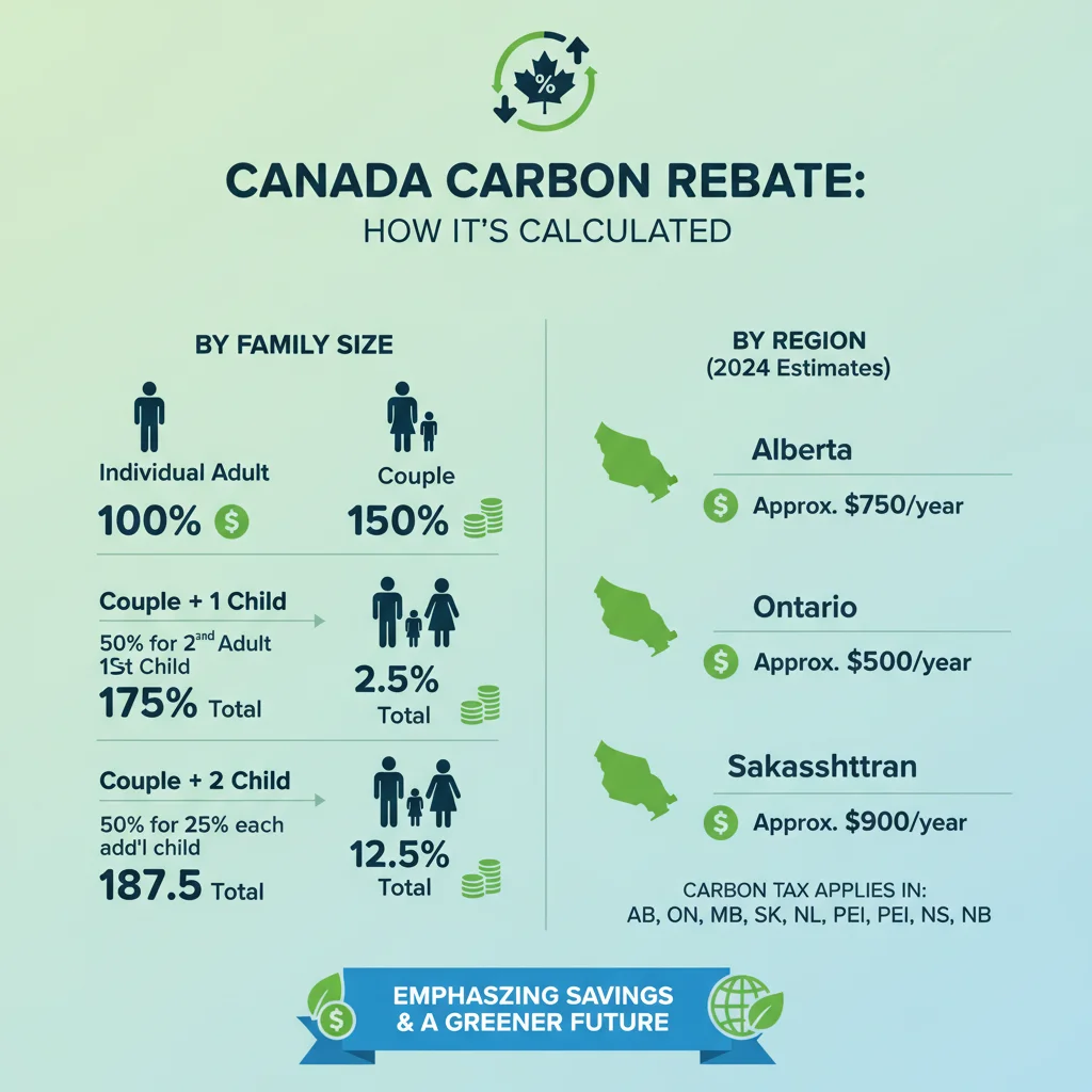 Infographic illustrating Canada Carbon Rebate calculation for various household types.