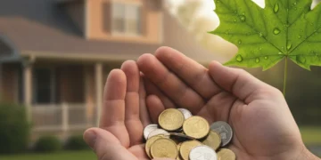 Canadian currency held in hands, with a house and green leaf in background, symbolizing carbon tax rebate benefits for households.