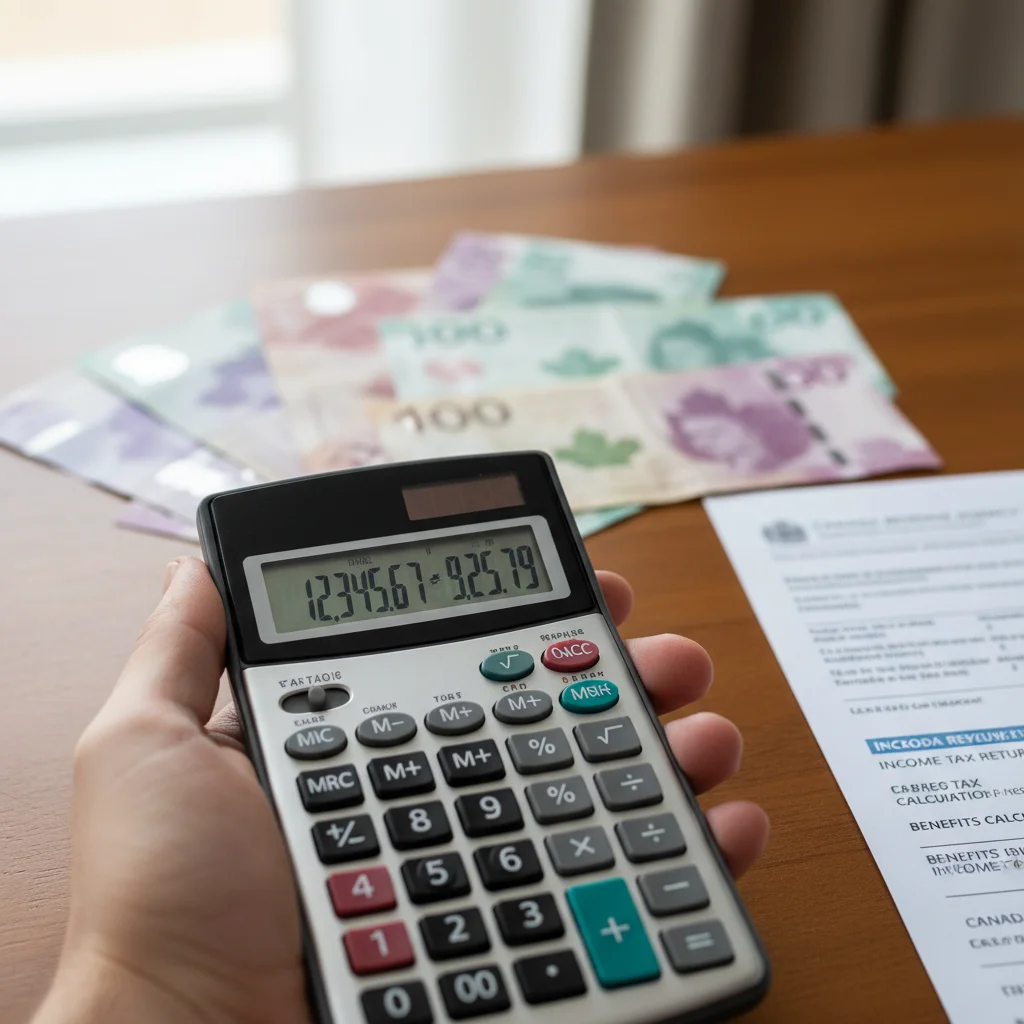 Calculating Canada Child Benefit payments with a calculator and tax documents.