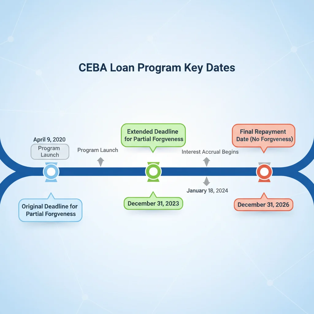 Infographic timeline illustrating key CEBA repayment dates and deadlines.