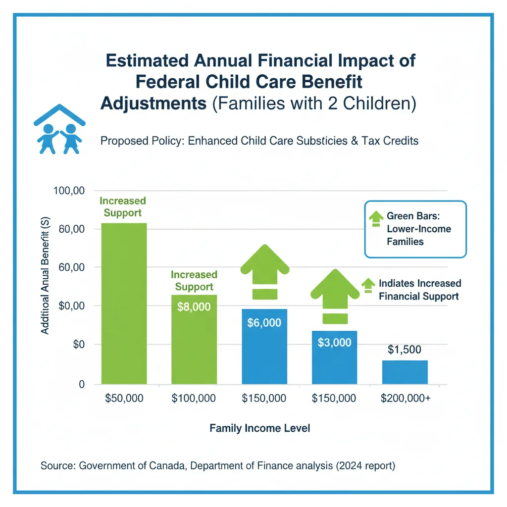 Infographic displaying federal child care benefit adjustments for families with two children, showing financial impact.