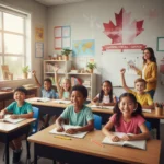 Smiling children learning in a bright Canadian classroom, representing educational future.