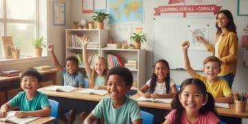 Smiling children learning in a bright Canadian classroom, representing educational future.