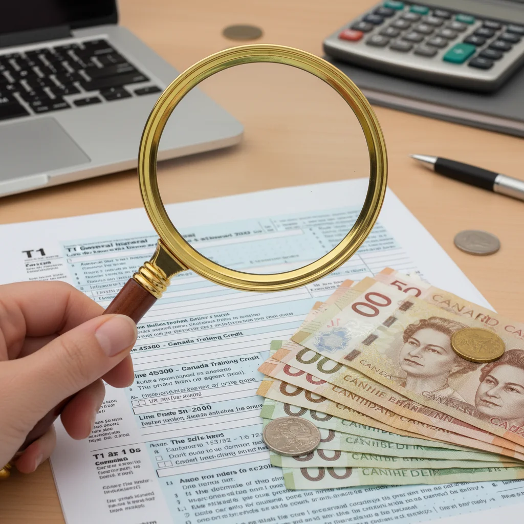 Hand with magnifying glass over Canadian tax form.