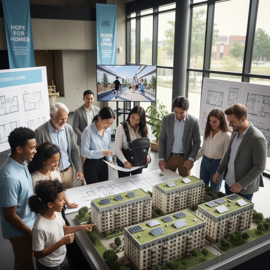 Diverse community members reviewing plans for new affordable housing developments, embodying the positive impact of the strategy.