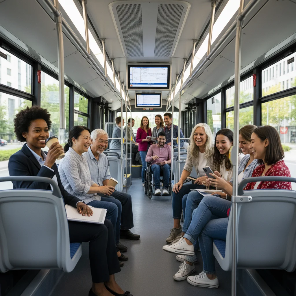 Diverse commuters enjoying a clean, modern public bus service.