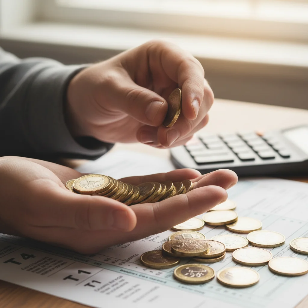 Hands counting Canadian money with tax forms, symbolizing CWB payments.