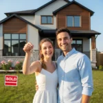 Smiling couple holding house keys in front of a new home, symbolizing the dream of homeownership realized through HBP changes.