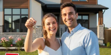 Smiling couple holding house keys in front of a new home, symbolizing the dream of homeownership realized through HBP changes.