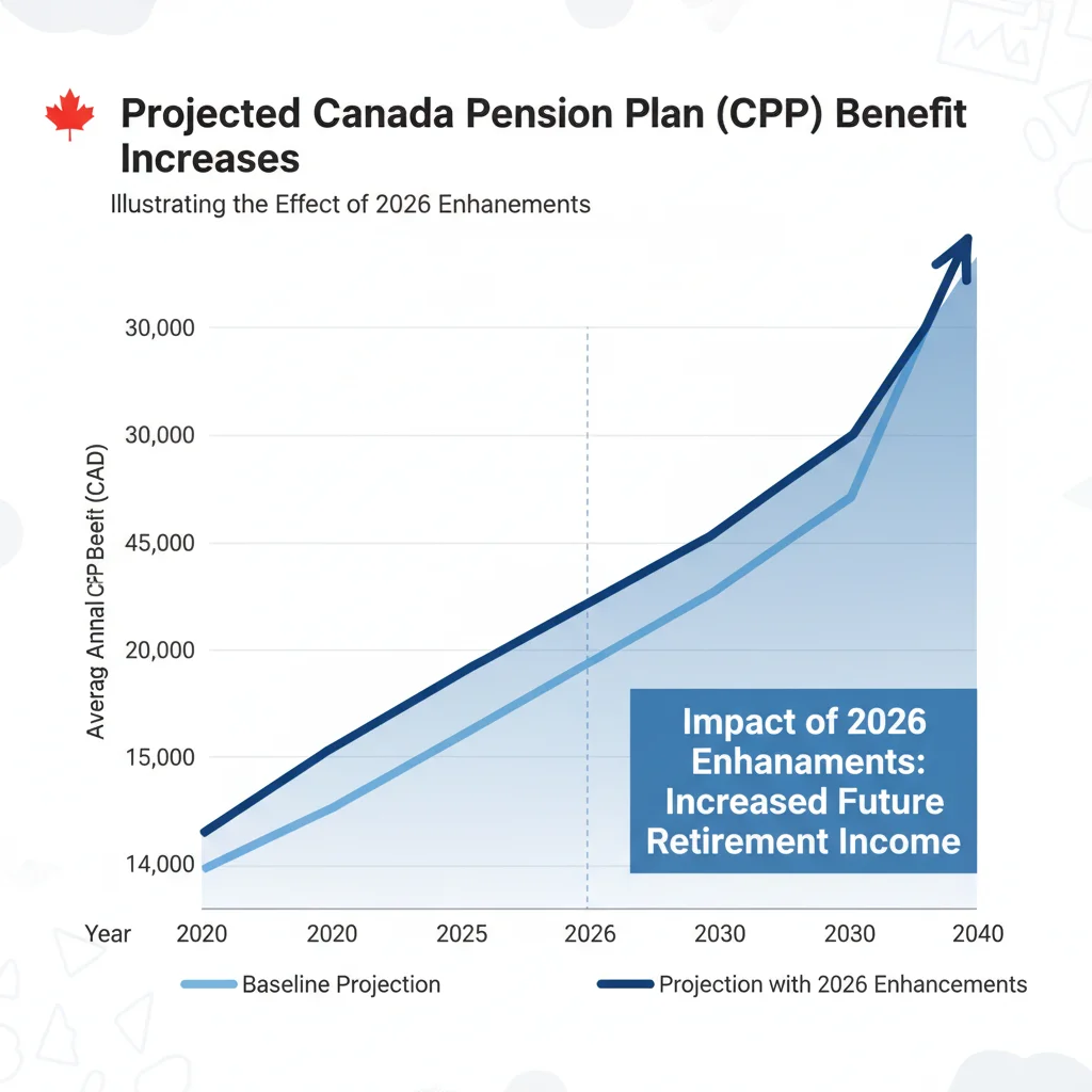 Projected CPP benefit increases after 2026 enhancements, showing upward trend.