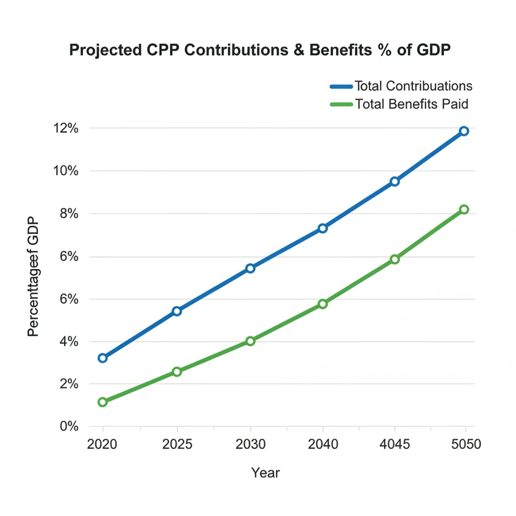 Graph illustrating projected Canada Pension Plan contribution and benefit increases.