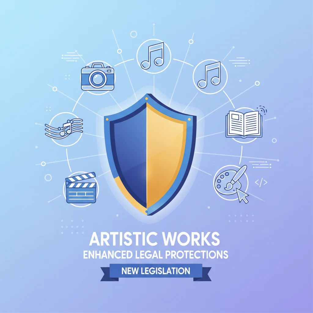Shield protecting creative works symbolizing copyright protection
