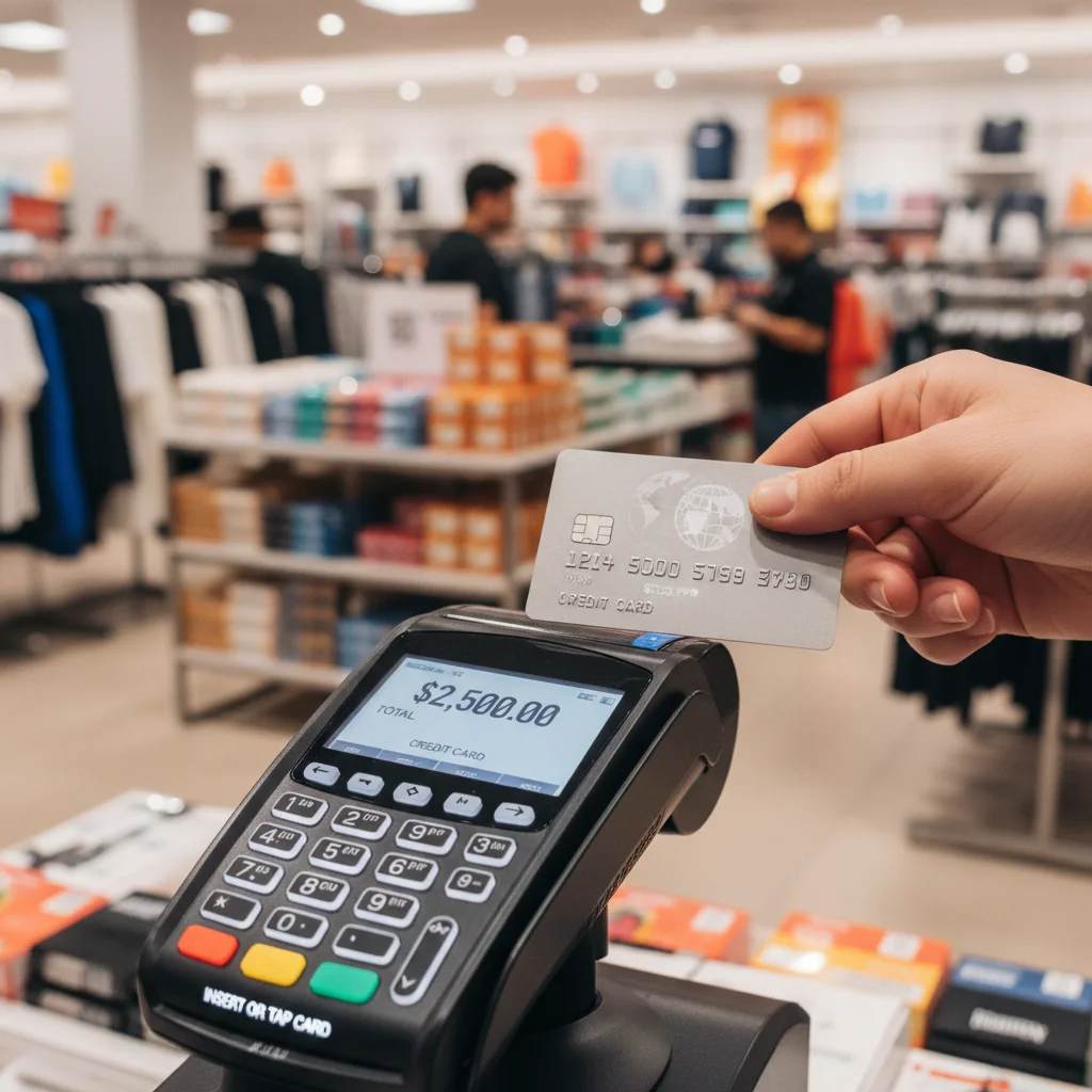 Hand holding a credit card near a payment terminal, illustrating consumer debt.