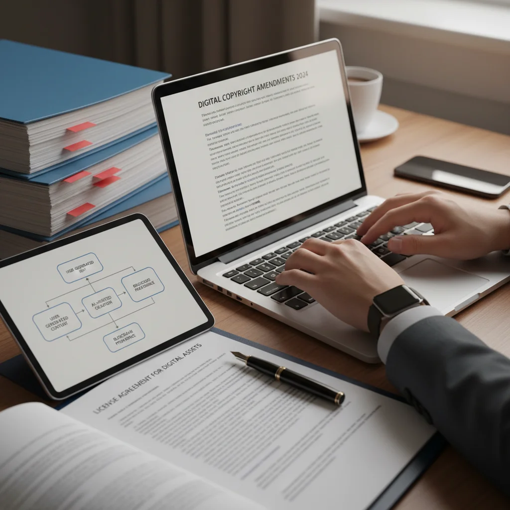 Hands typing on laptop reviewing digital copyright laws