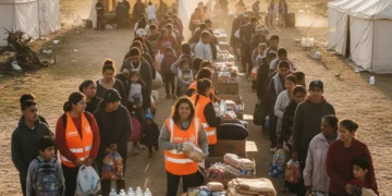 People receiving supplies at a disaster relief center after an emergency.