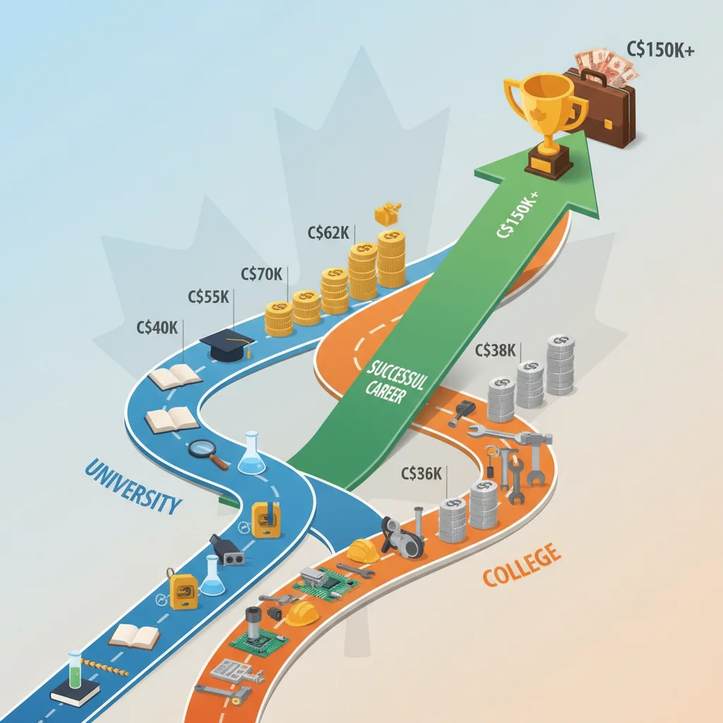Educational pathways converging to career success, university vs college