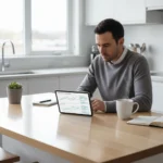 Thoughtful person reviewing Employment Insurance documents on a tablet, planning finances.