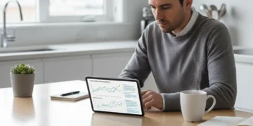 Thoughtful person reviewing Employment Insurance documents on a tablet, planning finances.