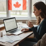Person applying for EI Sickness Benefits 2026 on laptop, Canadian flag background