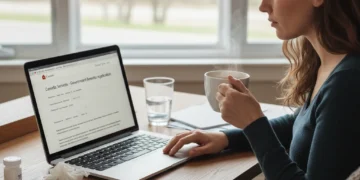 Person applying for EI Sickness Benefits 2026 on laptop, Canadian flag background