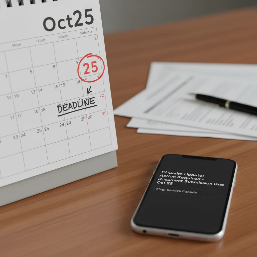 Calendar with circled deadline and smartphone notification for EI Sickness Benefits