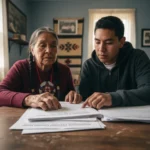 Elderly Indigenous survivor reviewing residential school payment application documents