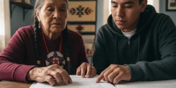 Elderly Indigenous survivor reviewing residential school payment application documents