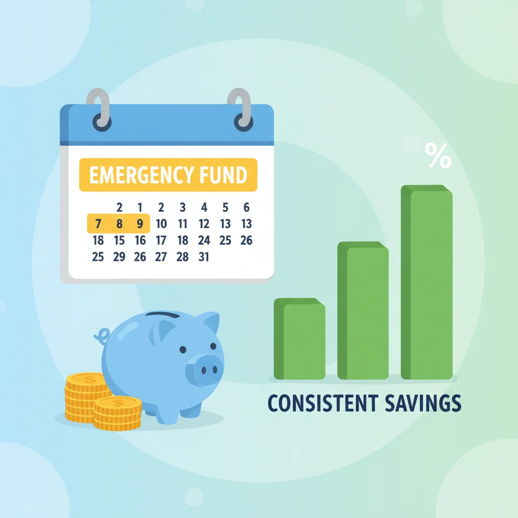 Calendar marking emergency fund savings with a piggy bank and growth chart.