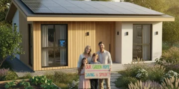 Family in front of energy-efficient home with solar panels