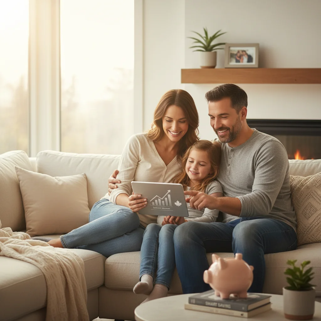 Family reviewing finances on a tablet, indicating CWB impact.