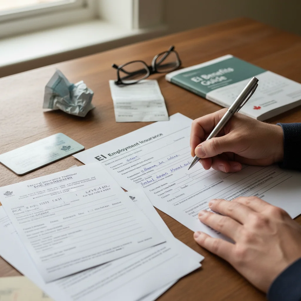 Hands completing EI Sickness Benefits application form with pen and documents