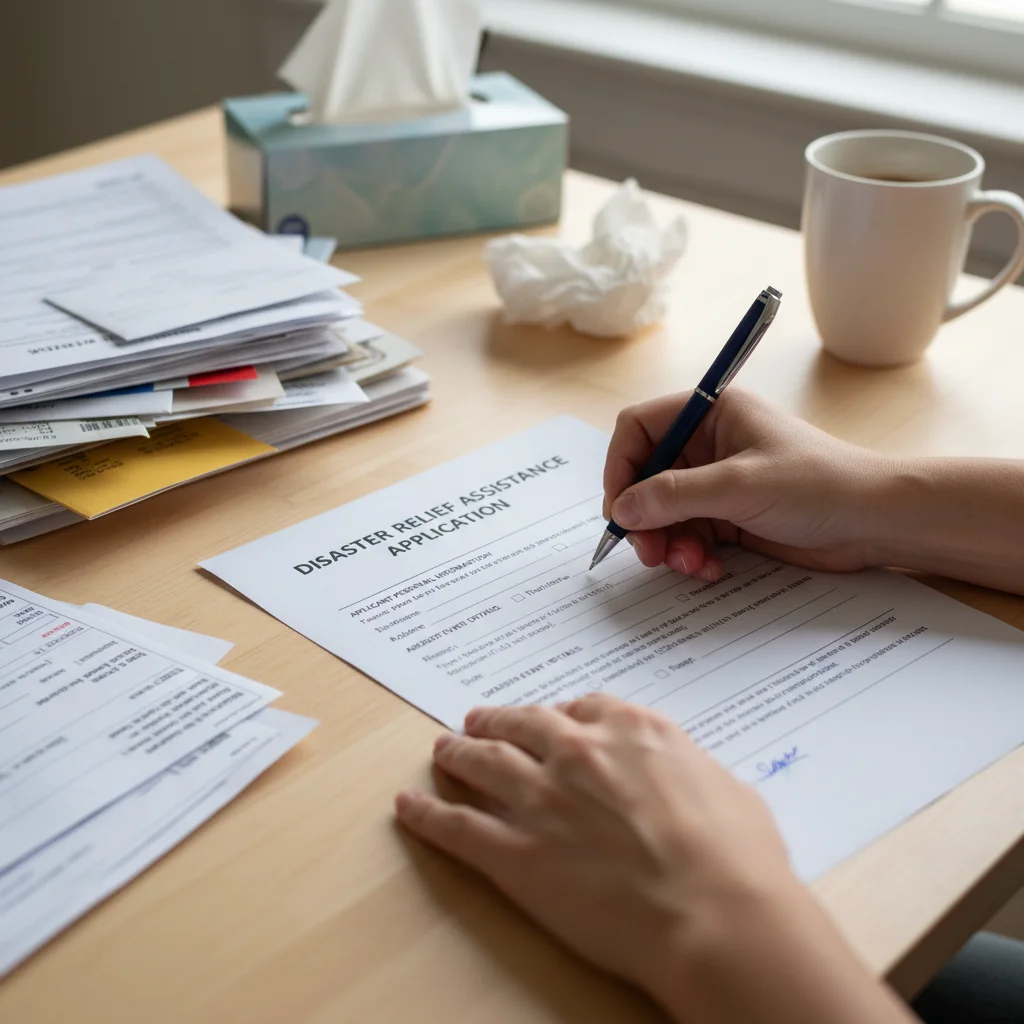 Hands filling out an emergency preparedness benefit application form.
