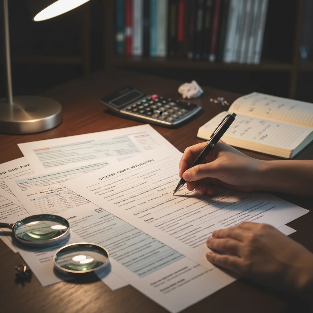 Hand filling out a financial aid application form with a pen and documents, emphasizing the Canada Student Grant application process.