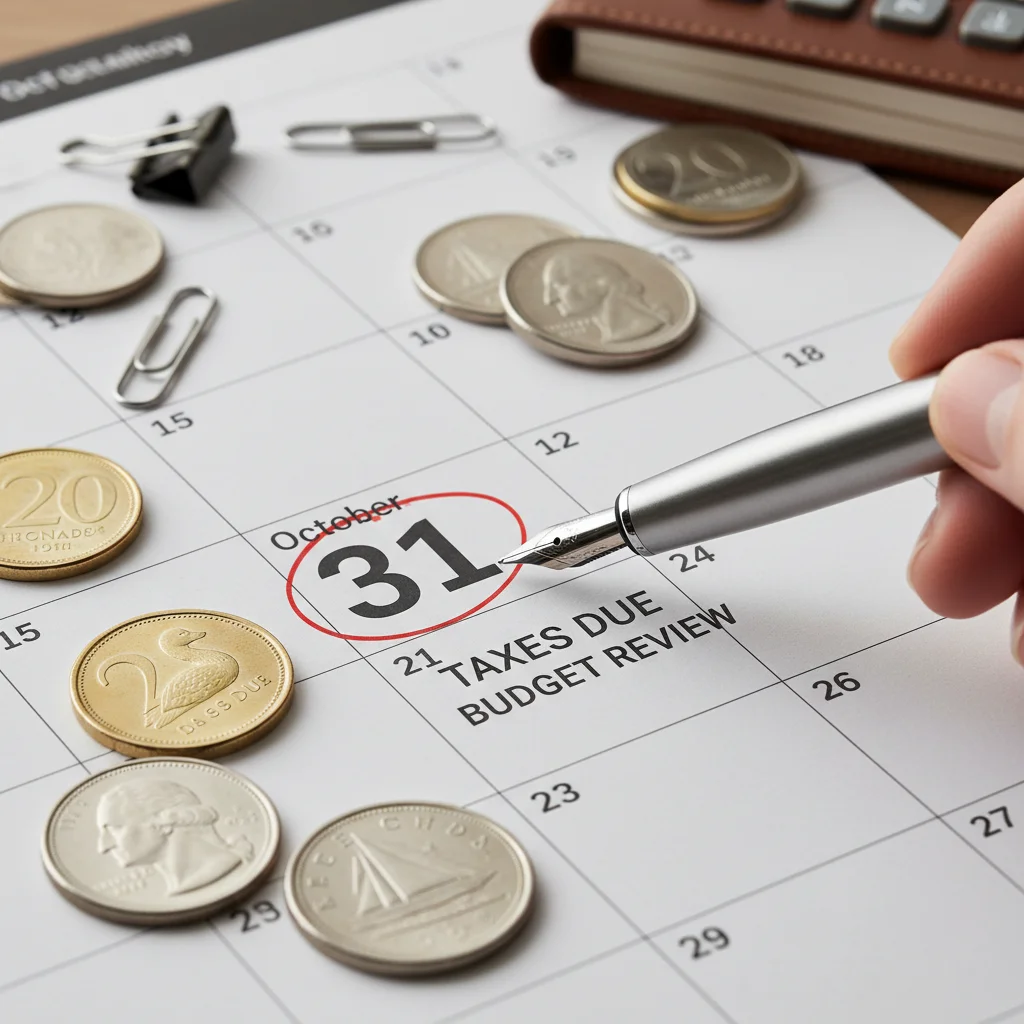 Calendar with circled date and Canadian coins, representing financial deadlines