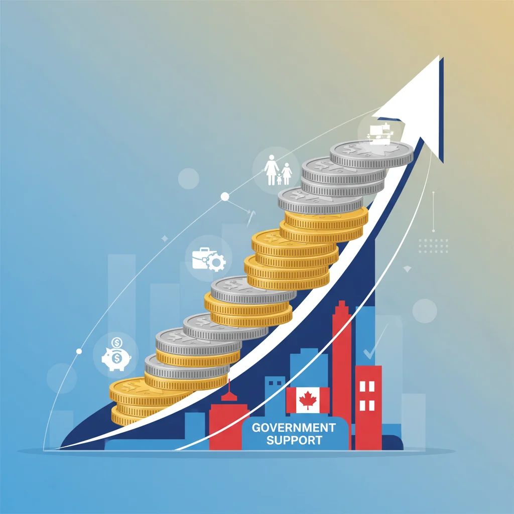 Graphic showing financial growth and support with Canadian currency and family icons.