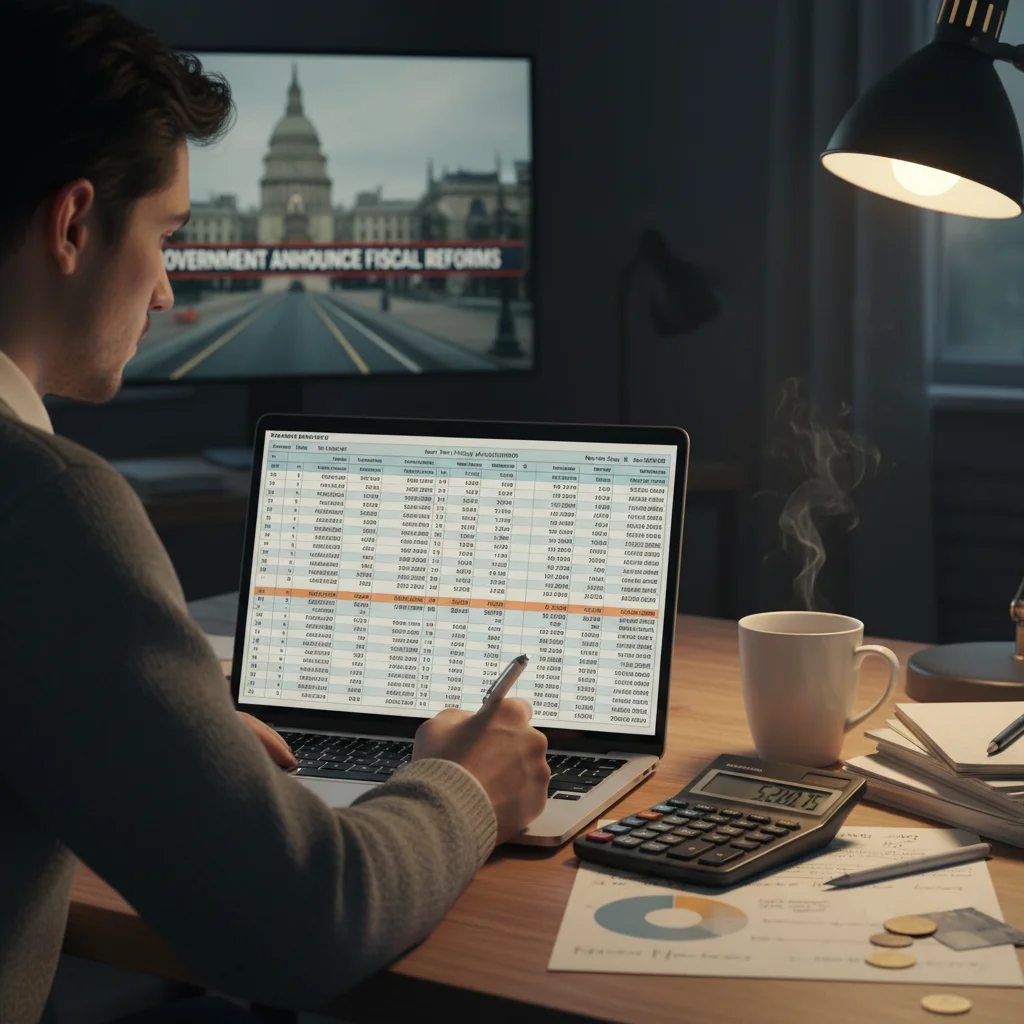 Person reviewing budget spreadsheet, planning finances in response to new Canadian government policies.
