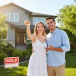 First-Time Home Buyer Incentive: Access Up to 10% Down Payment Happy couple holding keys in front of their new home, symbolizing the first-time home buyer incentive success.
