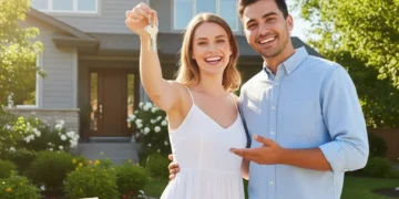 Happy couple holding keys in front of their new home, symbolizing the first-time home buyer incentive success.