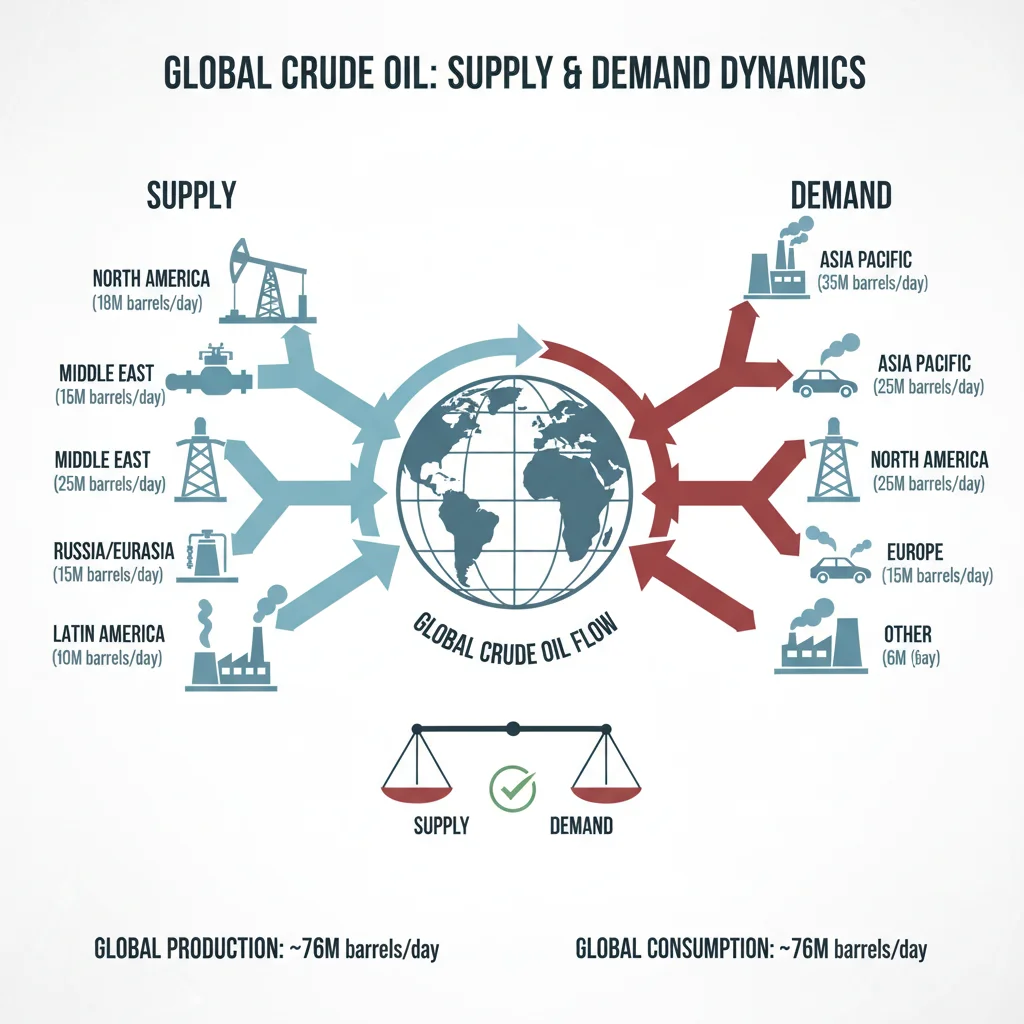 Infographic showing global crude oil supply and demand dynamics.