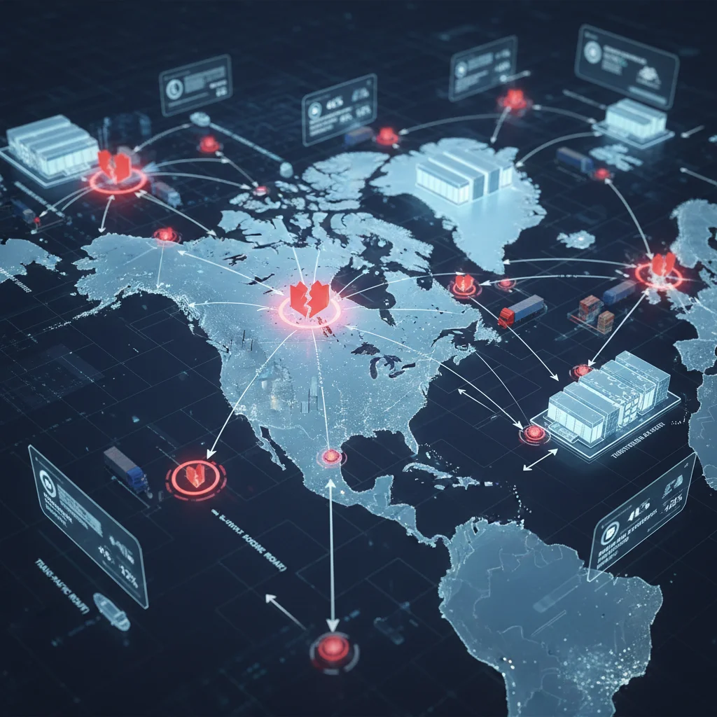 Complex global supply chain network showing disruptions affecting Canadian imports.