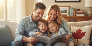 Happy Canadian family with two children, symbolizing financial support from Canada Child Benefit