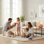 Child Care Benefit Updates: Federal Adjustments for Families Smiling family with two children enjoying playtime in a bright living room, symbolizing enhanced federal child care benefits.