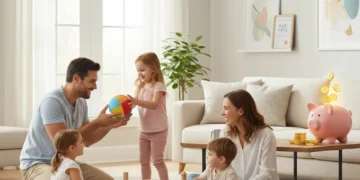 Smiling family with two children enjoying playtime in a bright living room, symbolizing enhanced federal child care benefits.
