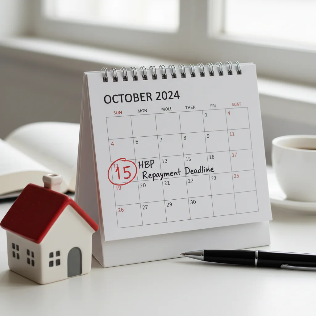 Calendar with a marked date next to a house figurine, representing HBP repayment planning and deadlines.